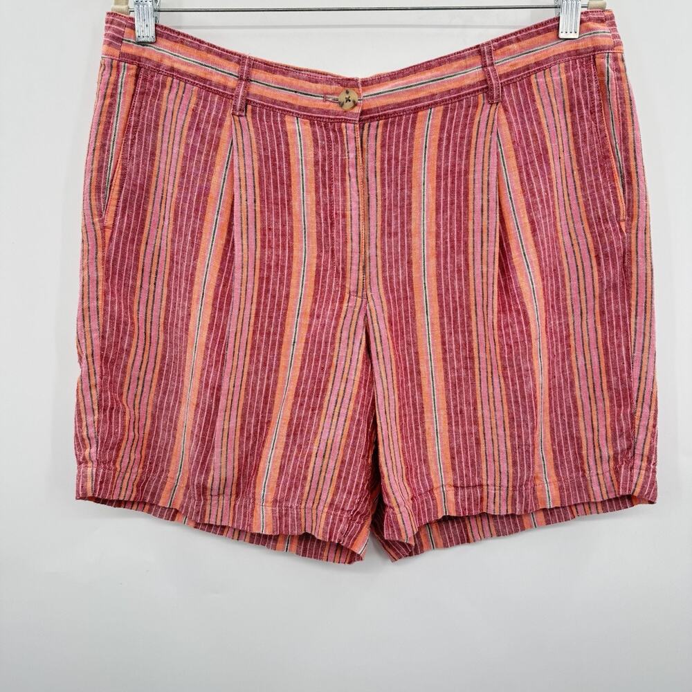 J. Jill Love Linen Striped Pleated Shorts Sz 14 Pink Multi Beach Vacation Casual